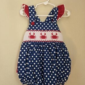 Charming Blue Polka Dot Romper with Crab Design
